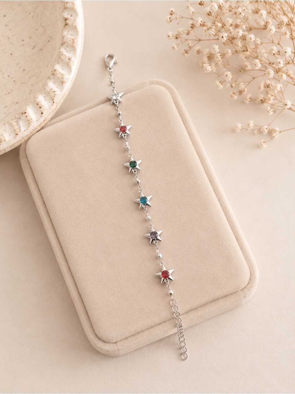 Sterling Star Charm Bracelet with Blue Accents
